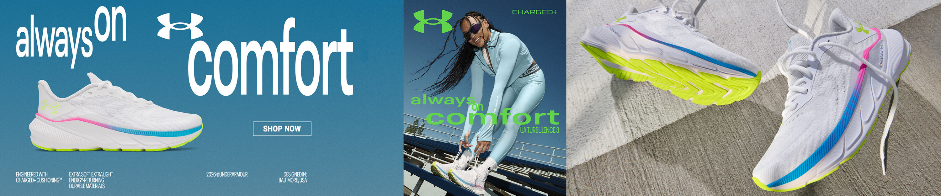 Always on comfort. Under Armour Charged+ Turbulence 3. Shop Now.