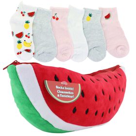  Women's Moon Cake Watermelon Plush Pouch & Socks Front View Of Pouch and Socks
