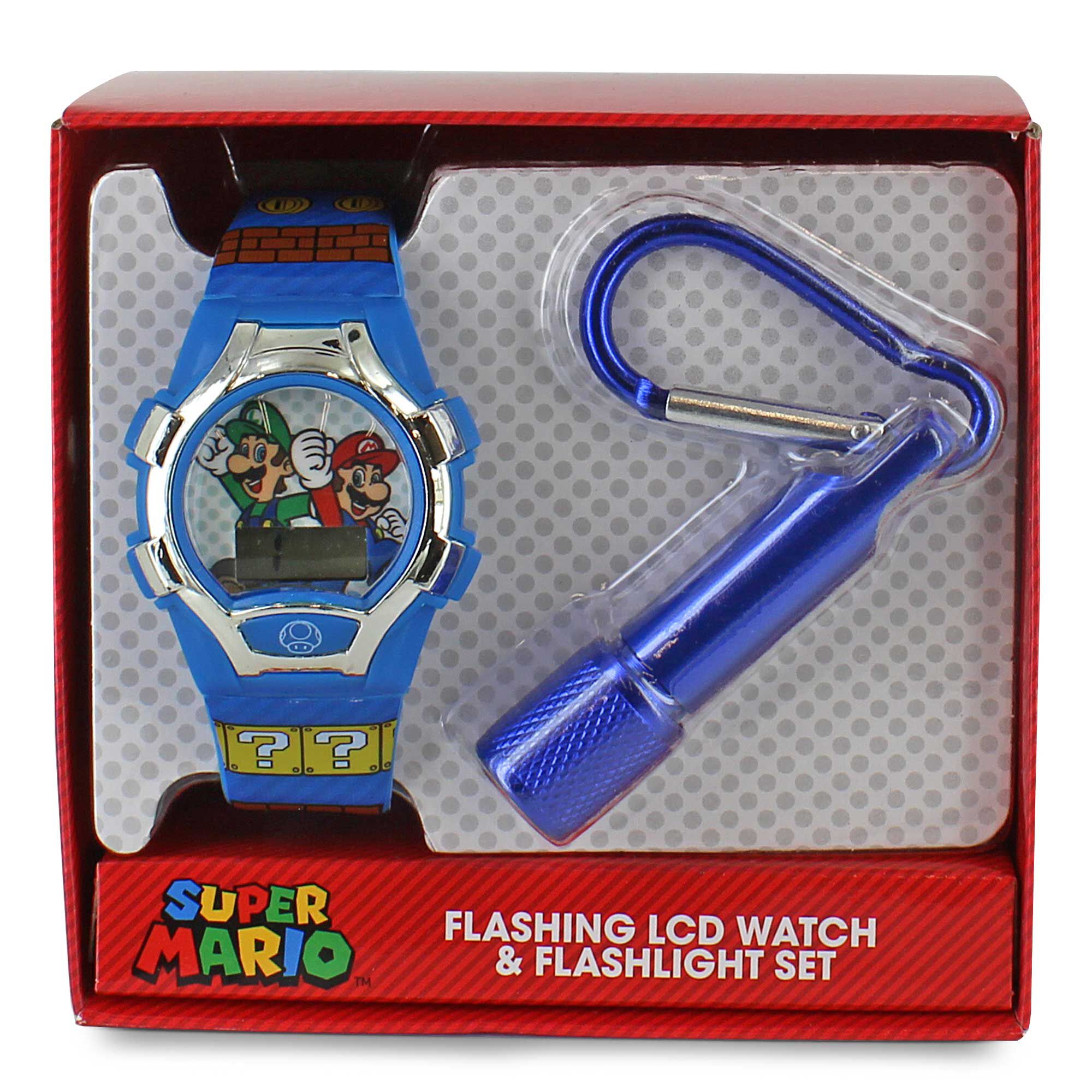 Super Mario Flashing LCD Watch And Flashlight Set Front Set View