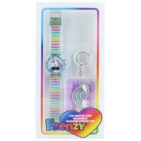 Watches & Jewelry Frenzy Unicorn LCD Watch & Reusable Silicone Straw Front View