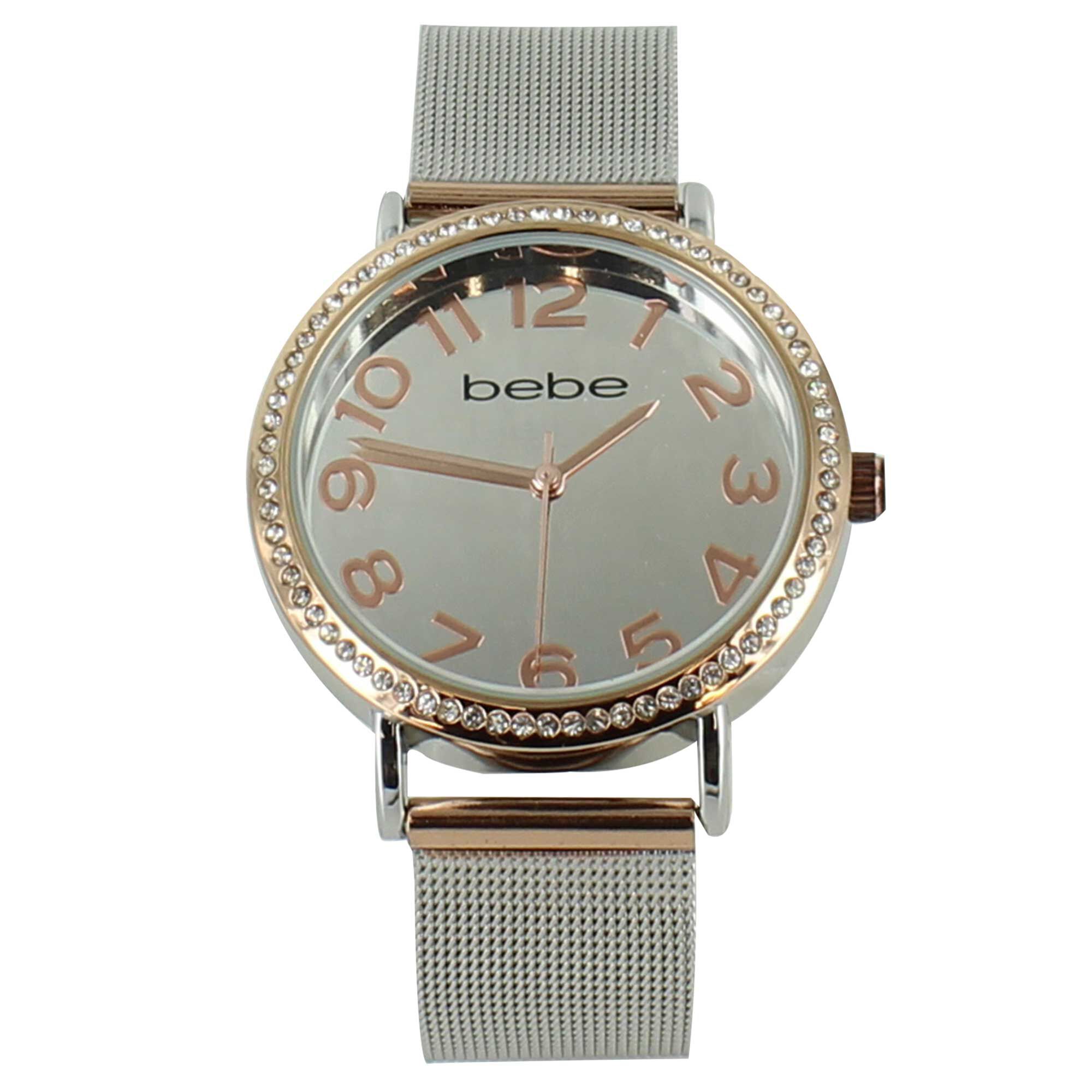 bebe Faux-Diamond Watch With Metal Mesh Band Front View