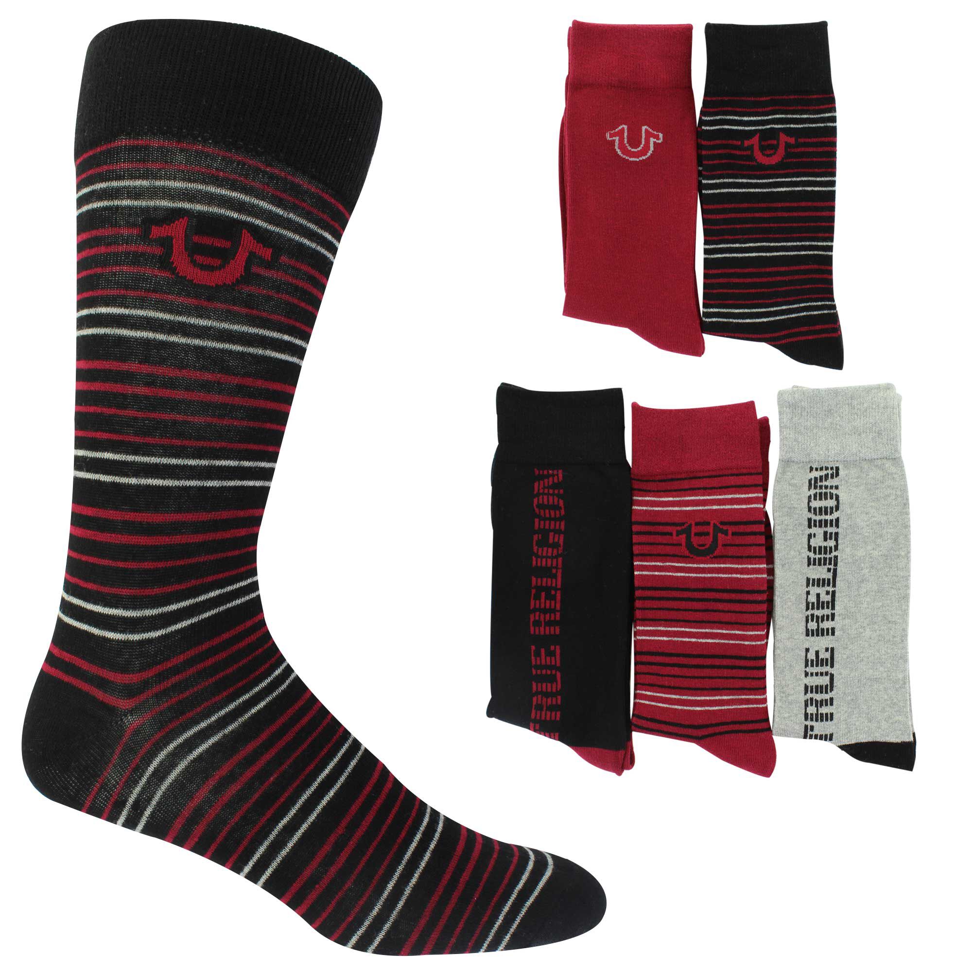 Men's True Religion Striped Crew 5-Pair Pack Side View With Package