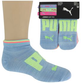 Girls' Socks Kids' PUMA Low-Cut 6-Pair Pack And Bonus Hair Ties Side View With Package