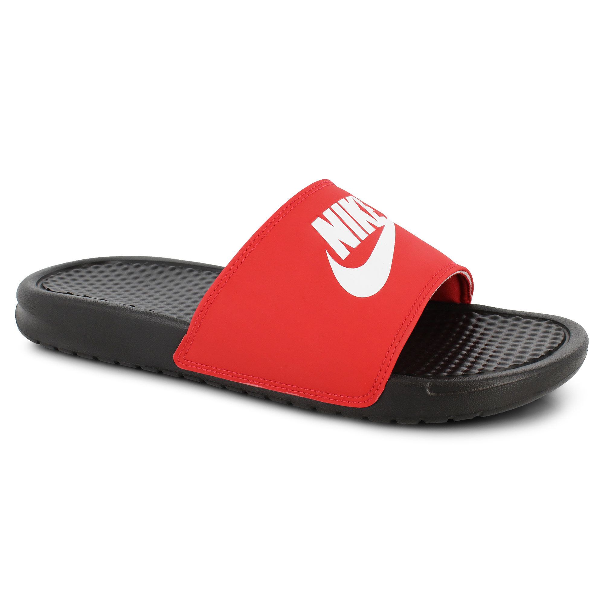 black white and red nike slides