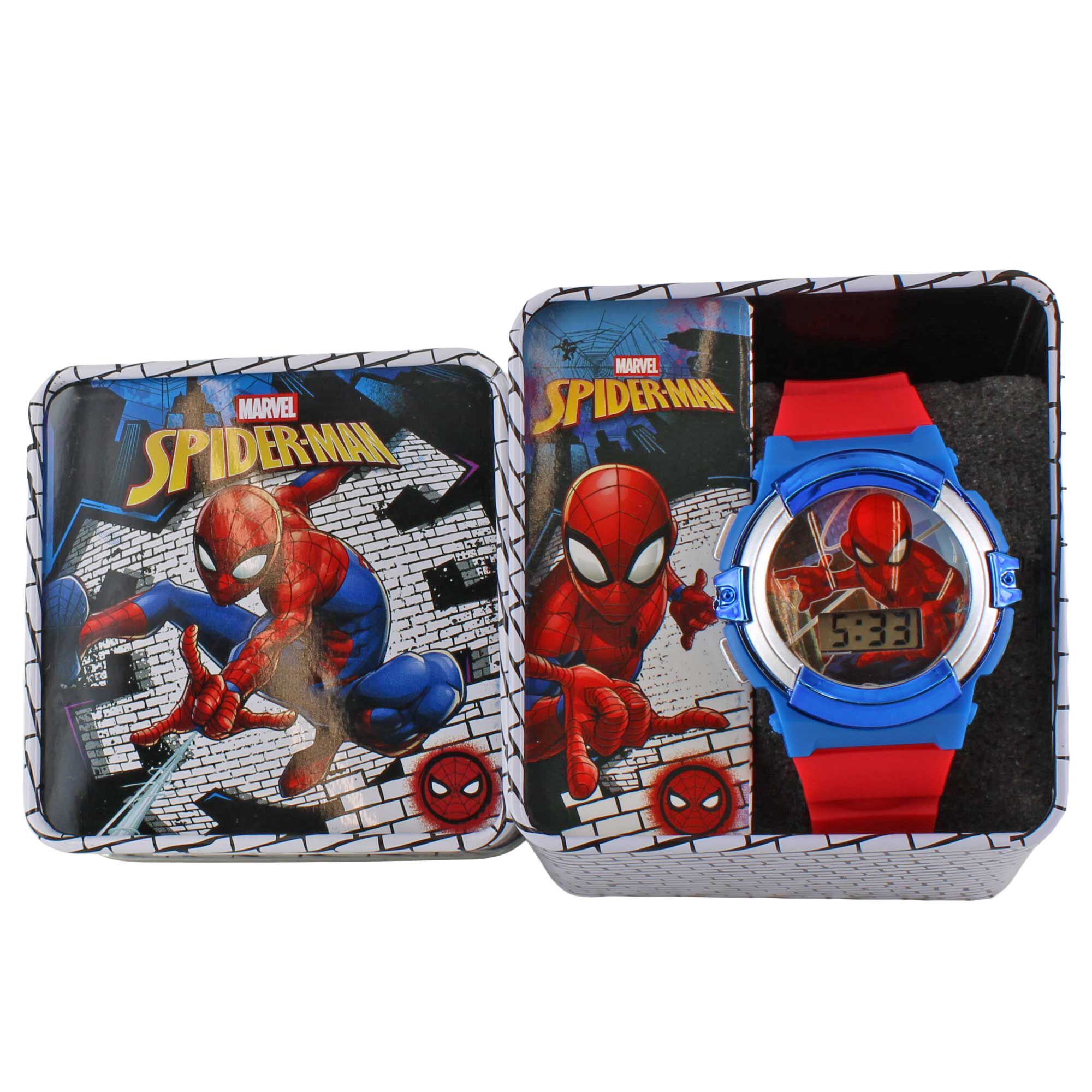 Spider-Man LED Digital Watch With Flashing Lights Front View WIth Tin