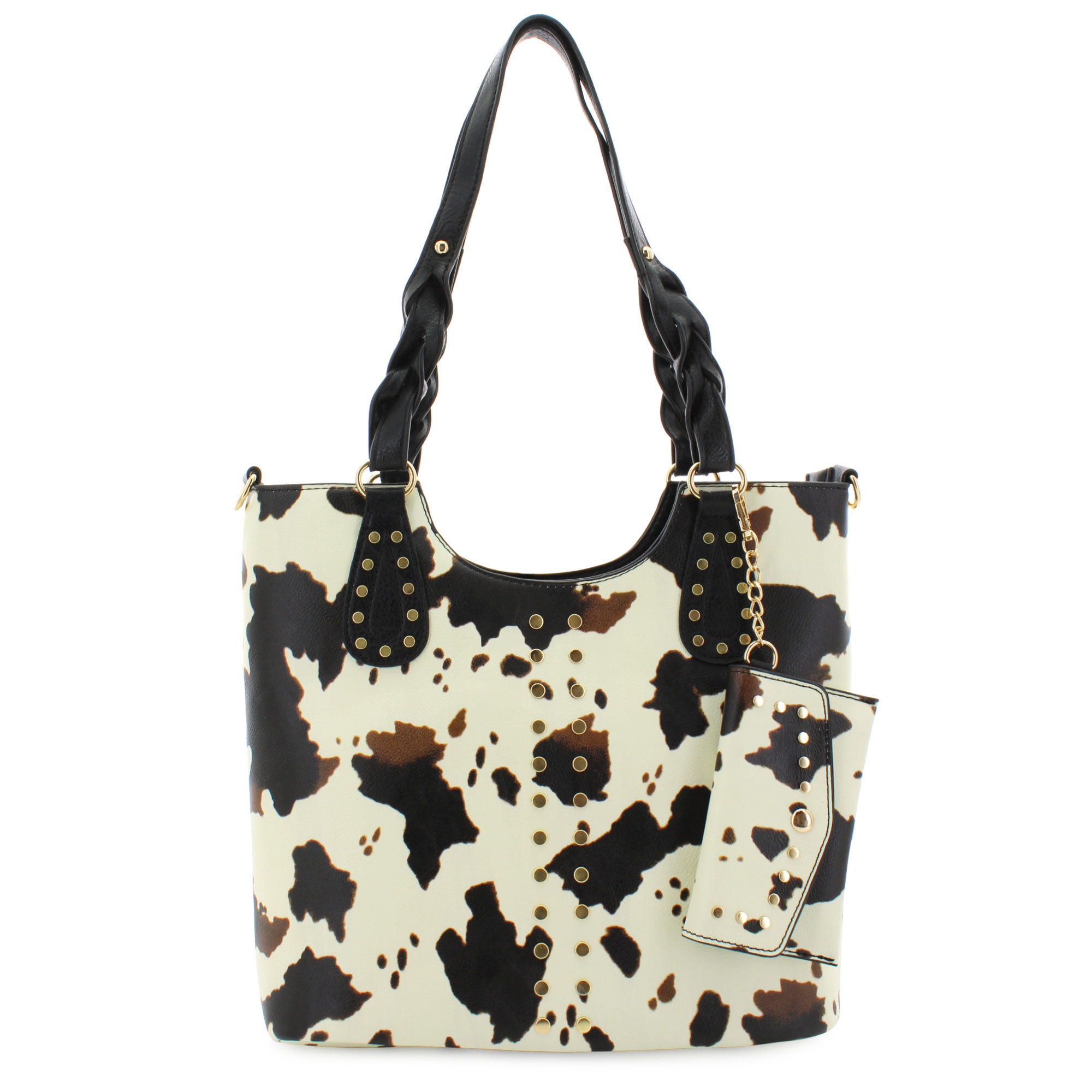Sam & Hadley Large Braided Cow-Print Tote Front View