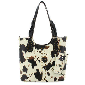 New Arrivals Sam & Hadley Large Braided Cow-Print Tote Front View