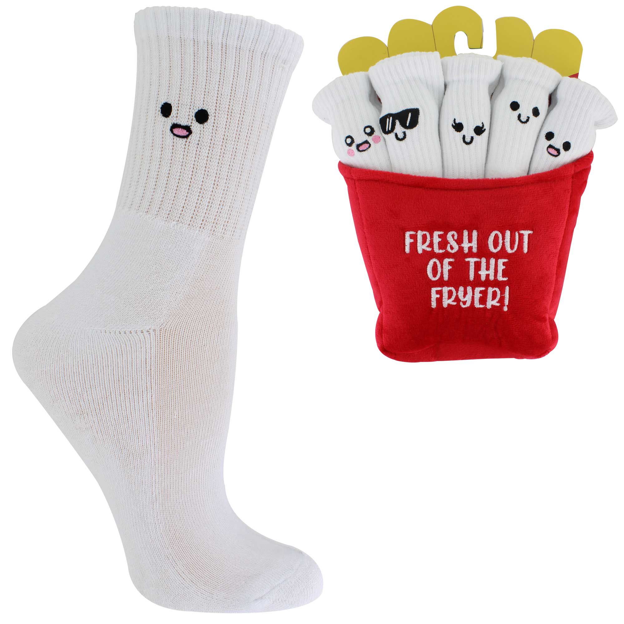 Women's Embroidered Fries Mid-Crew 5-Pair Pack Side View With Package