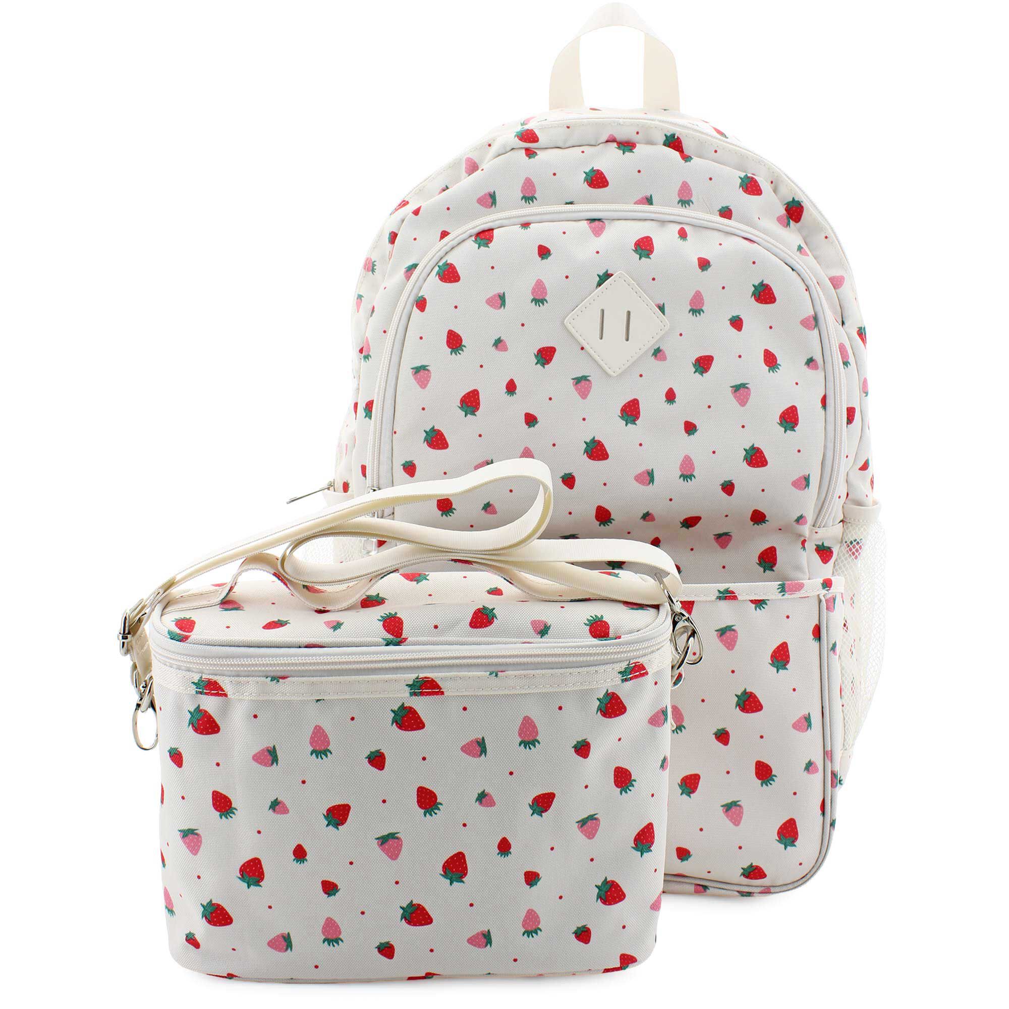 Madden Girl Strawberry Backpack With Lunch Tote Front View With Lunch Tote
