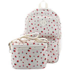 Traditional Madden Girl Strawberry Backpack With Lunch Tote Front View With Lunch Tote