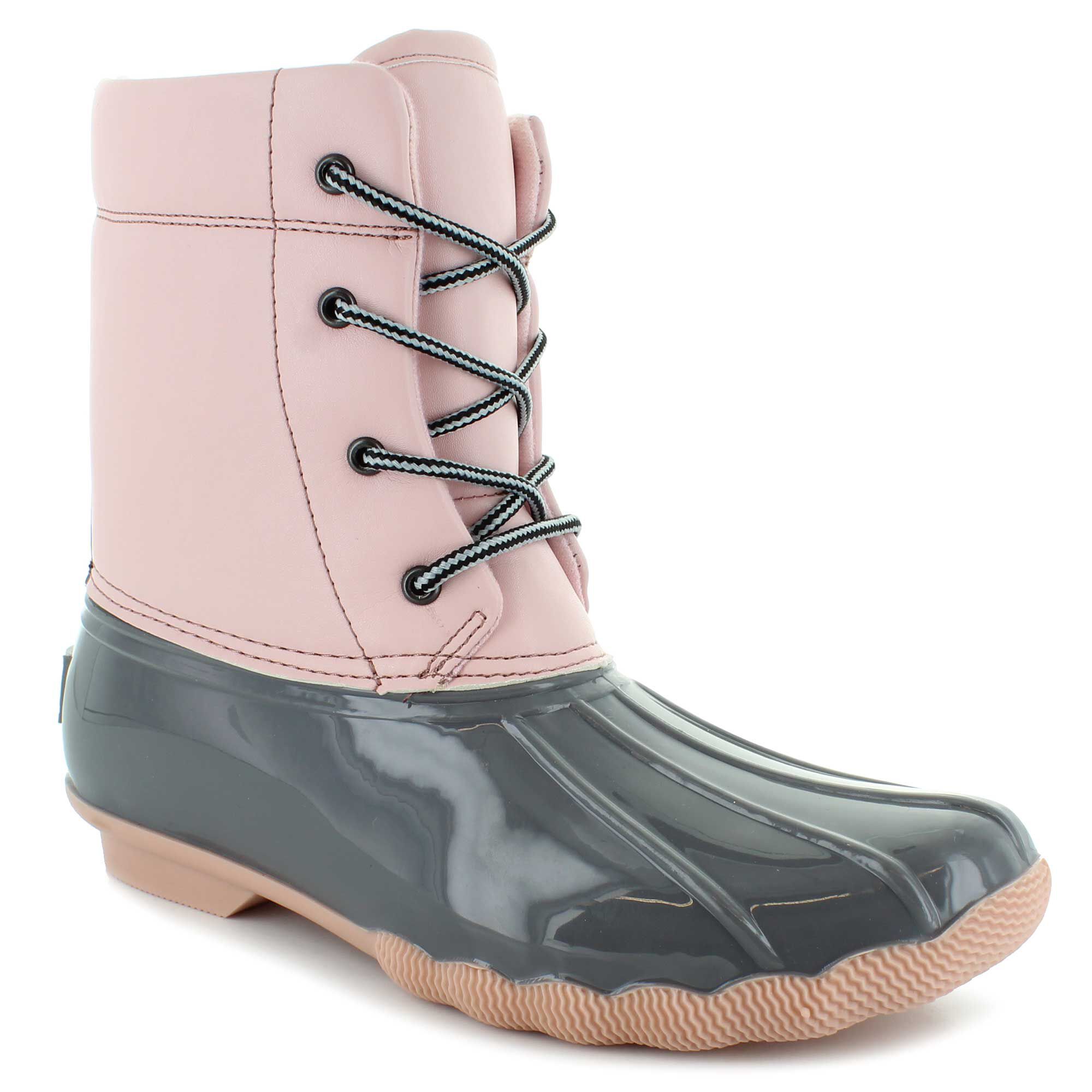 pink and gray duck boots