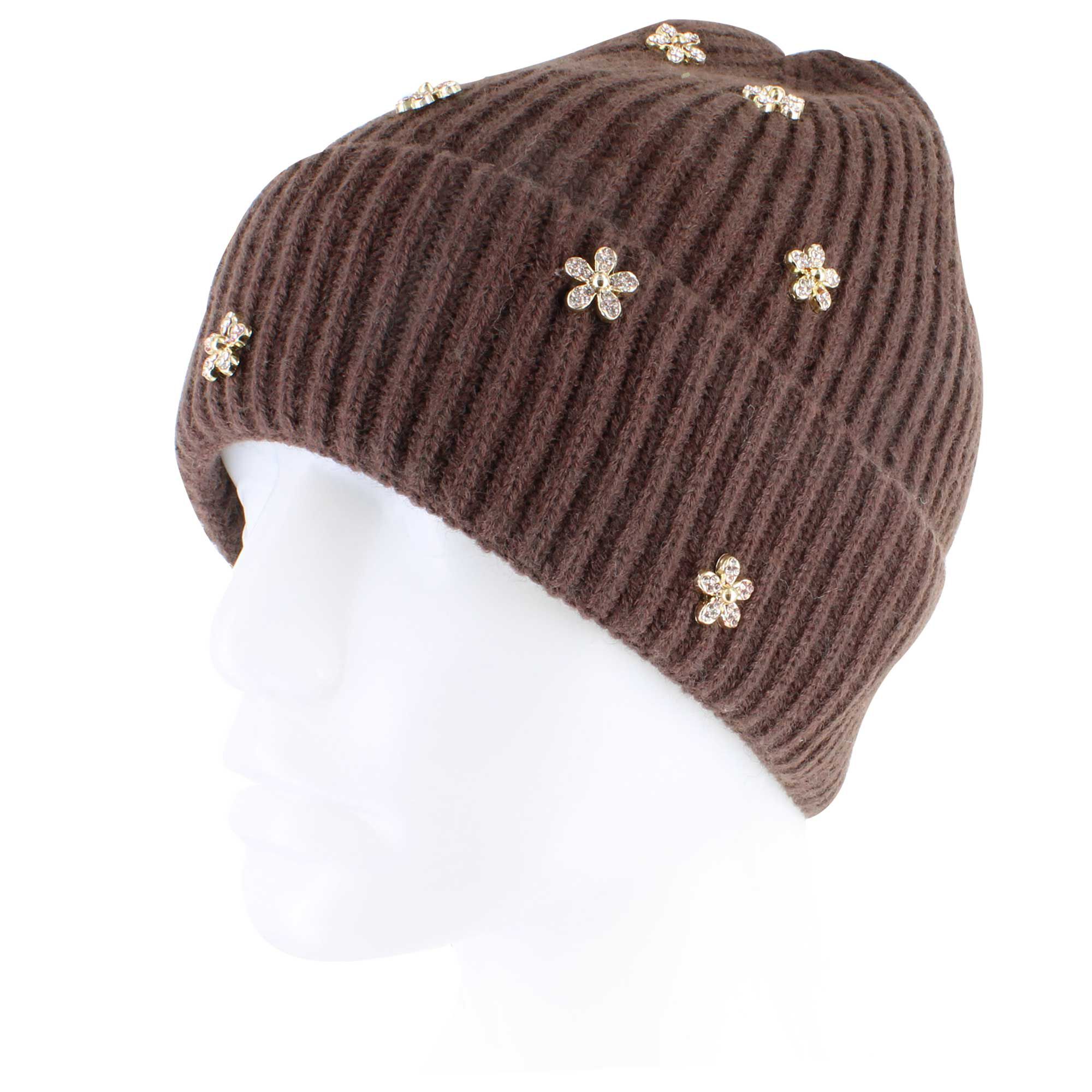 Couture Gems Floral & Faux-Diamond Knit Beanie Side View