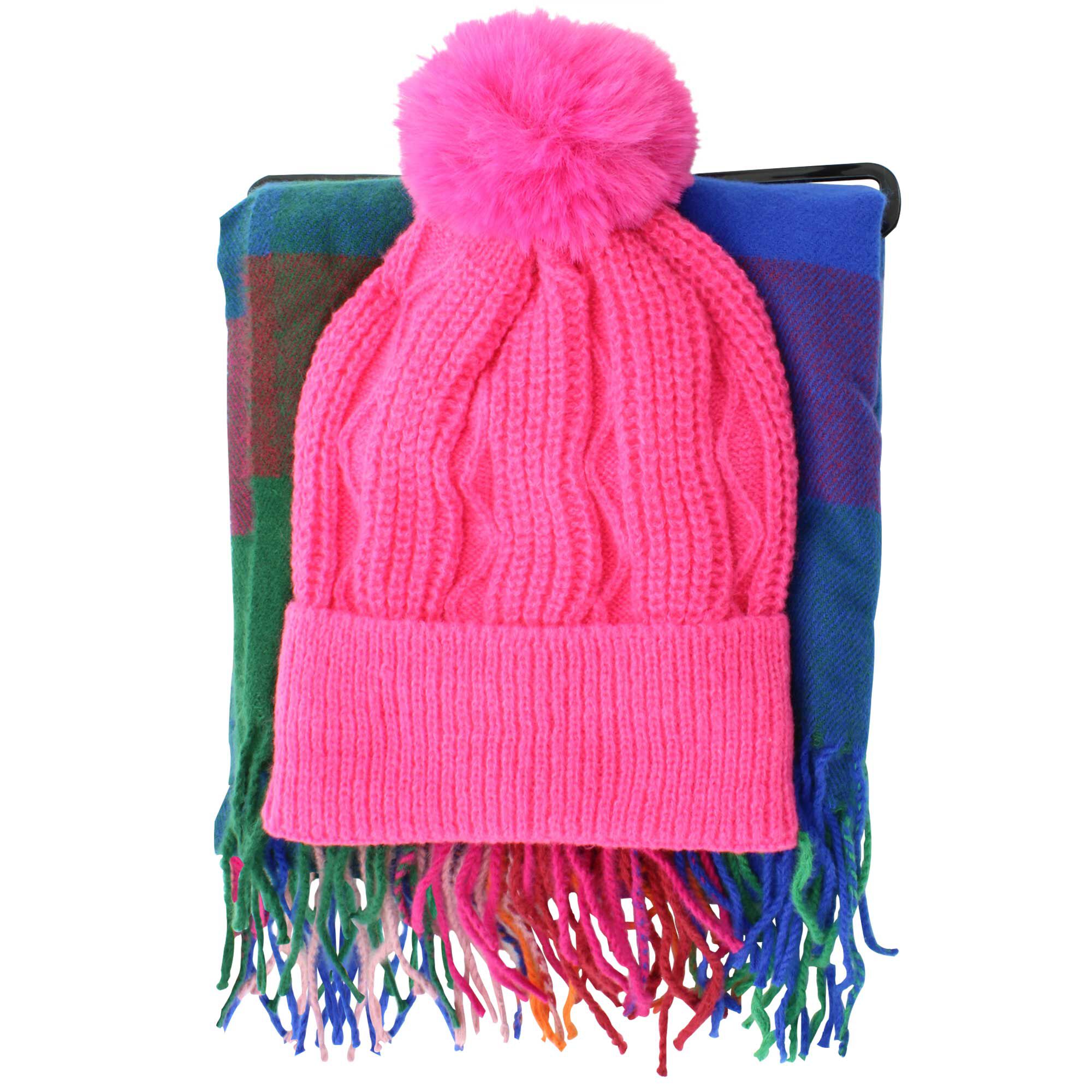 Couture Gems Plaid Oblong Scarf & Knit Hat Set Full Set View