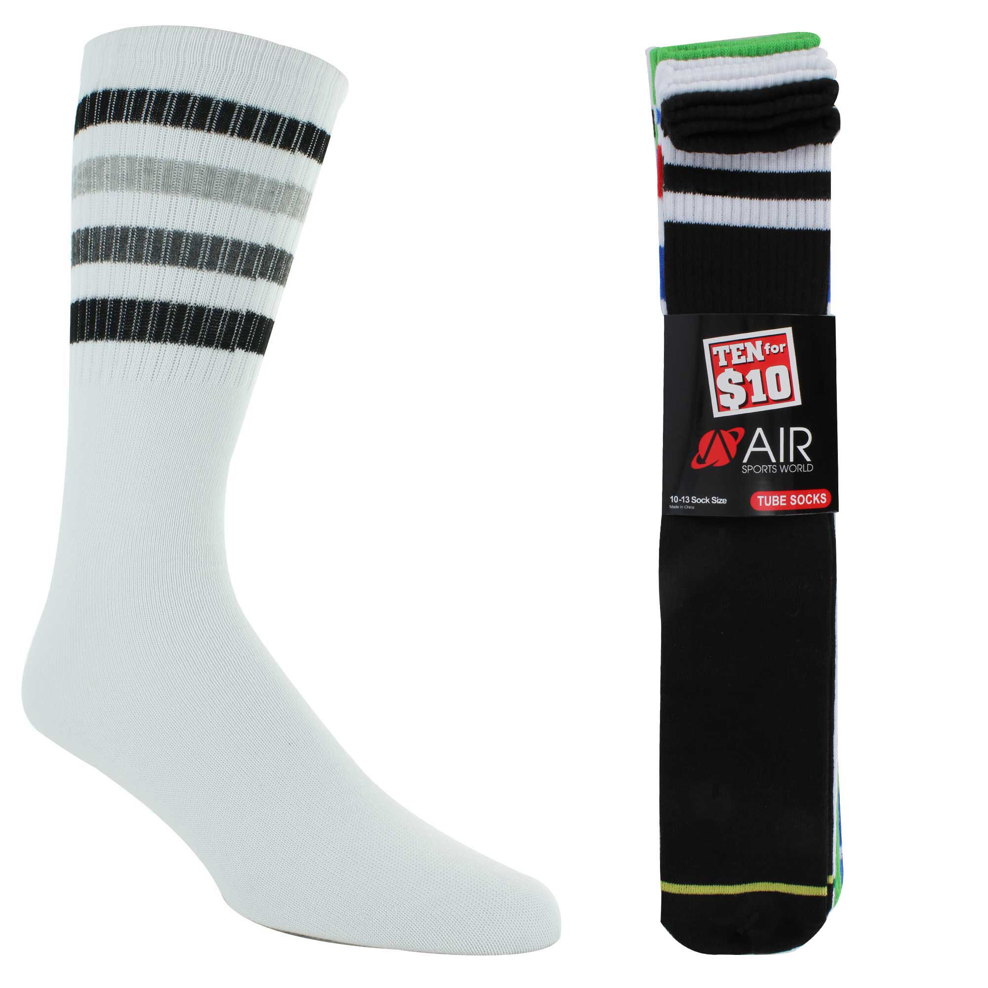 Men's Air Sports World Tube Sock 10 For $10 Side View With Package