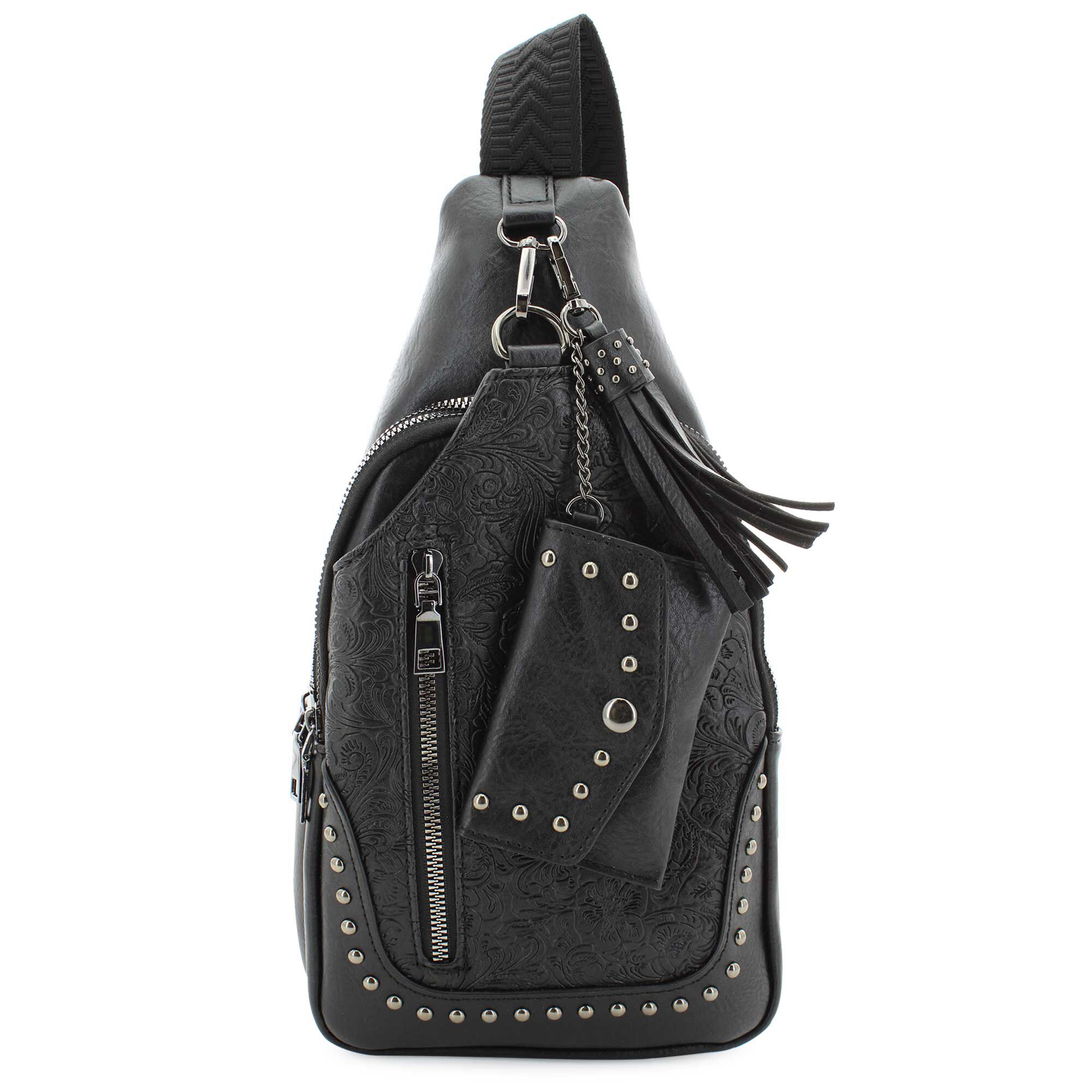 Sam & Hadley Tooled Sling With Clip-on Pouch Front View