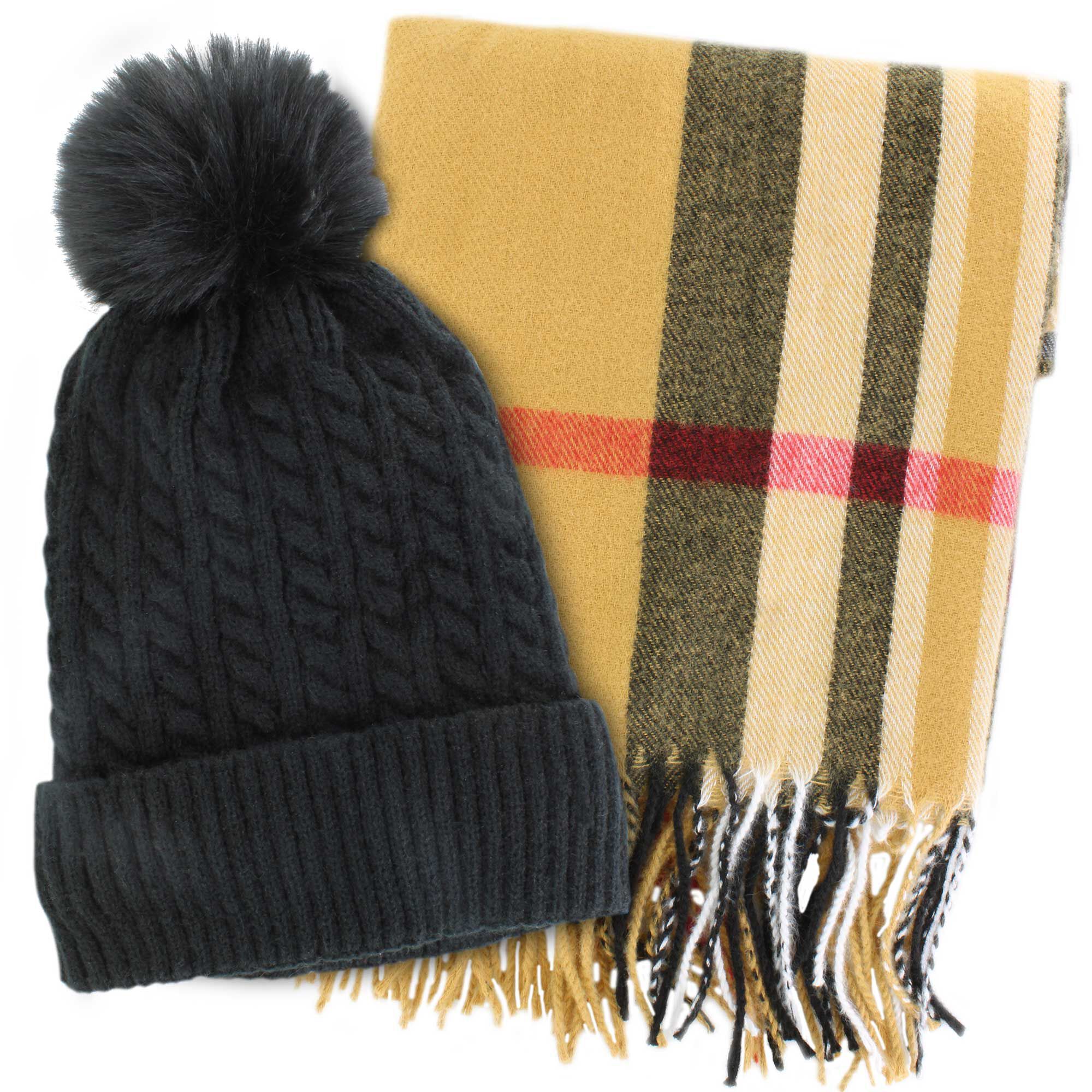 Couture Gems Oblong Camel Plaid Scarf and Hat Set Front Set View