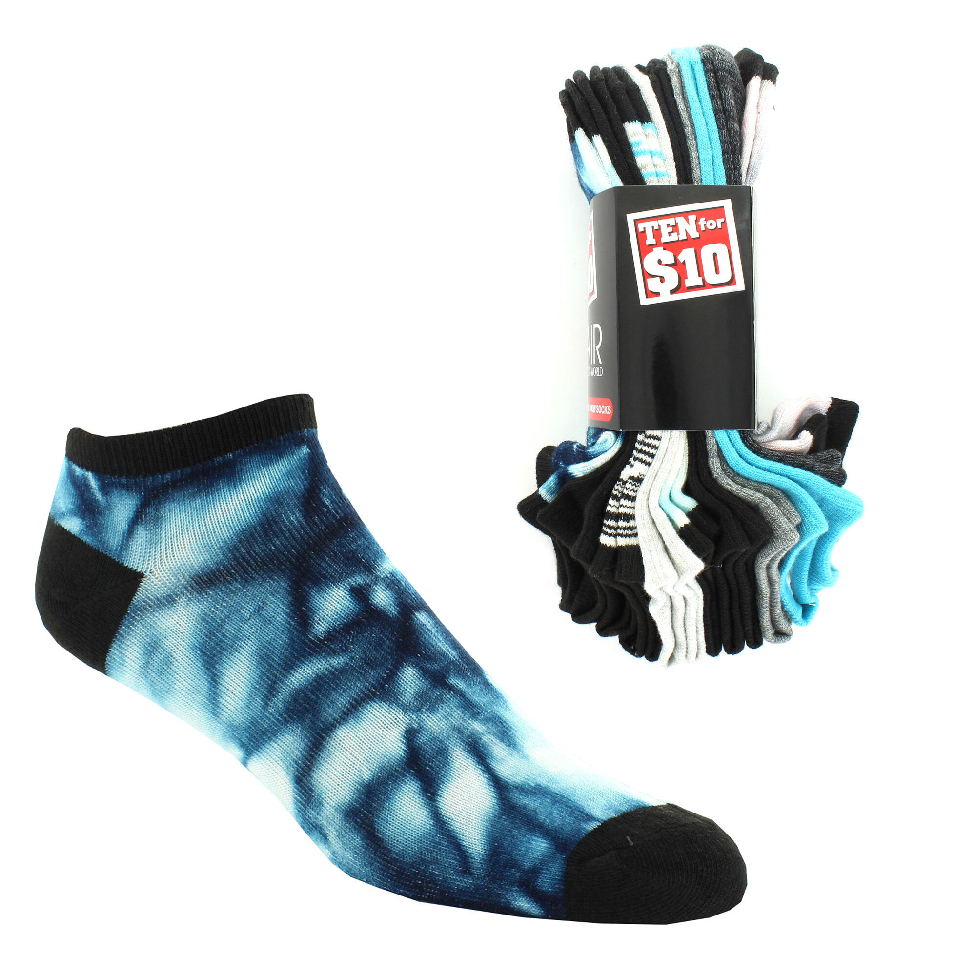 Men's Air Sports World Tie-Dye No-Show 10 For $10 Side View With Package