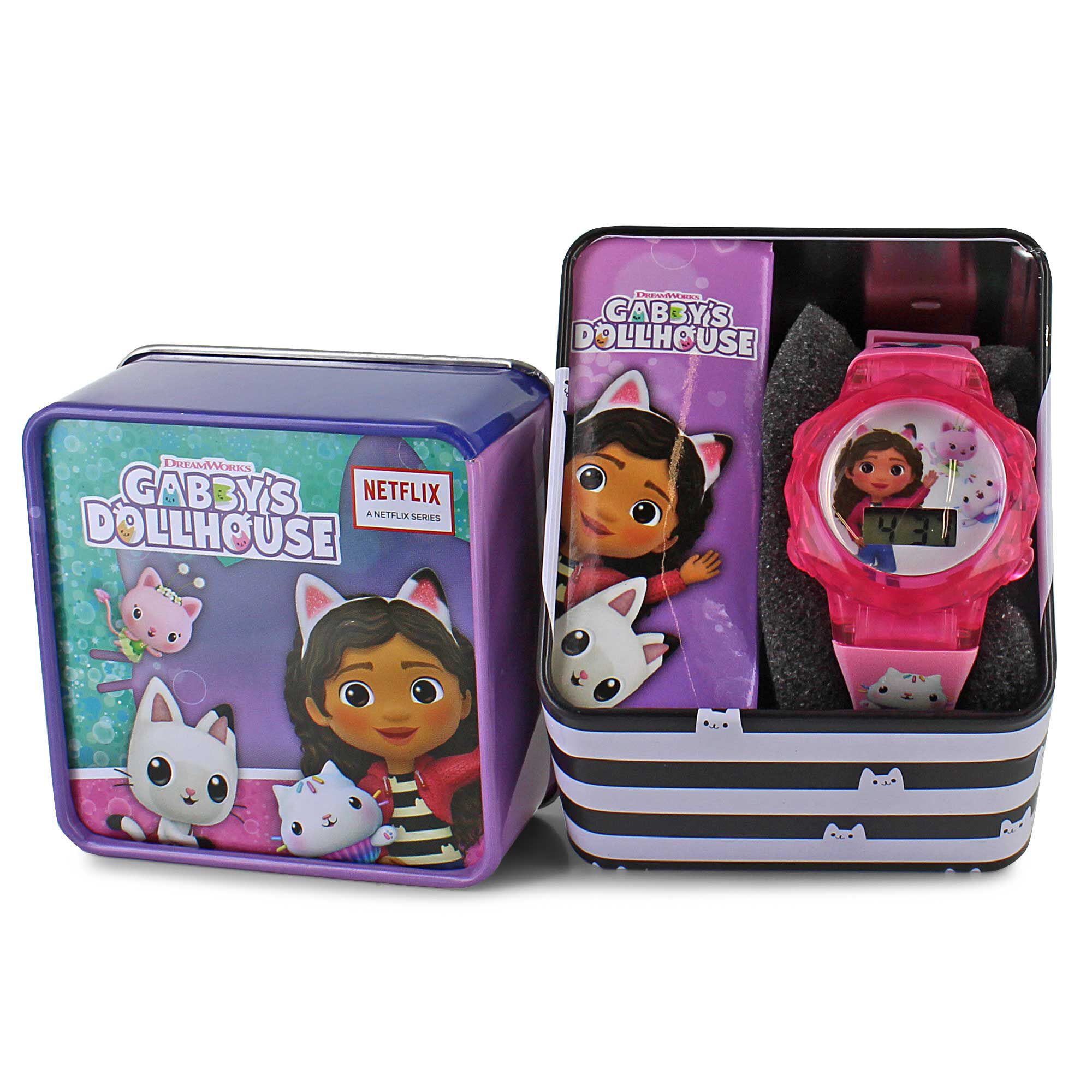 Gabby's Dollhouse Watch With Flashing Lights Front View With Tin