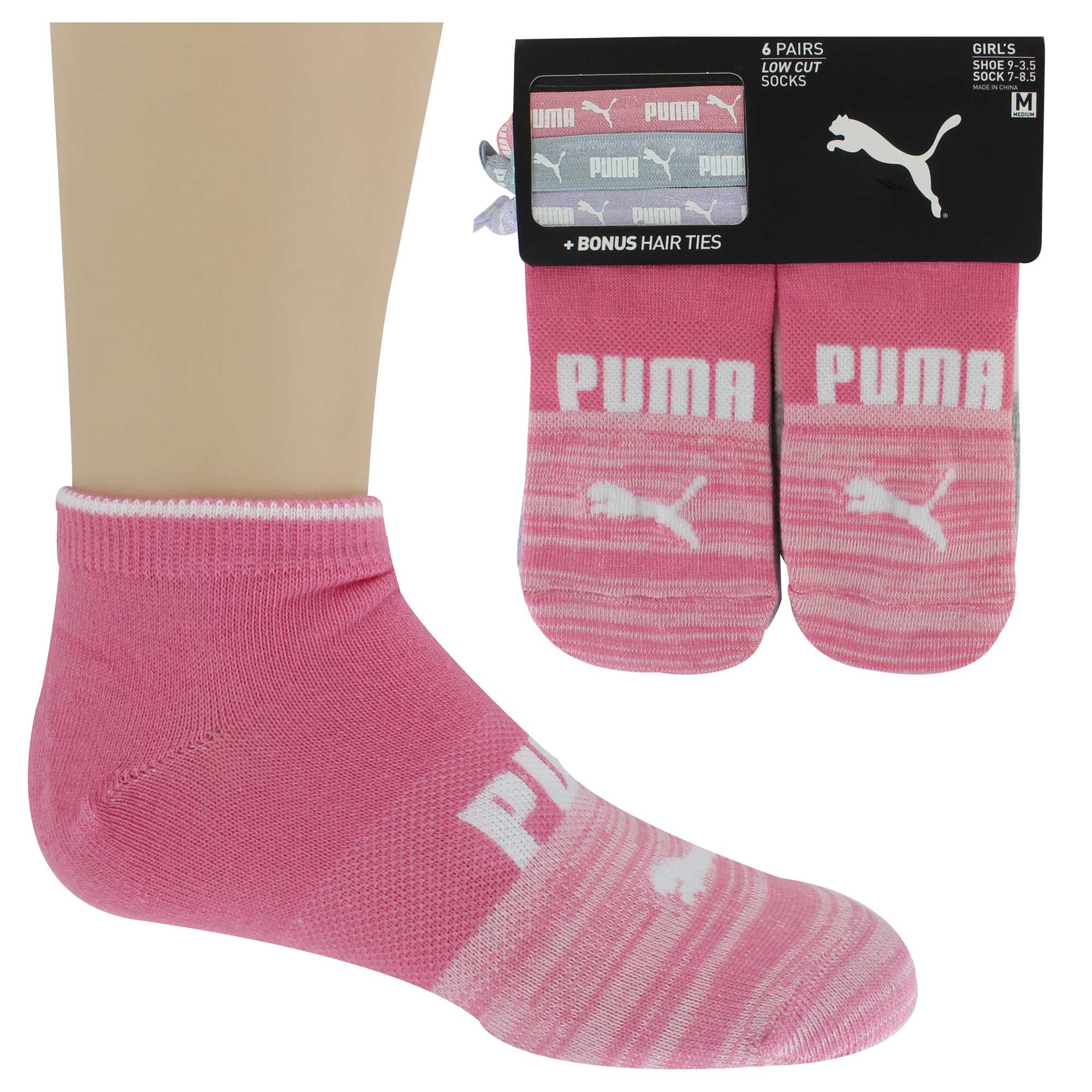 Kids' PUMA Low-Cut 6-Pair Pack And 3 Hair Ties Side View With Package