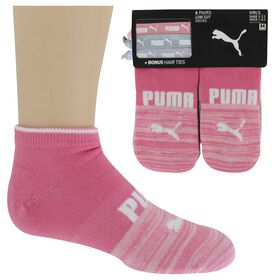 Girls' Socks Kids' PUMA Low-Cut 6-Pair Pack And 3 Hair Ties Side View With Package