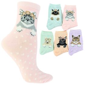 Socks Women's ET TU Floral Cat Short Crews 5-Pair Pack Side View With Package
