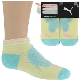 Girls' Socks Girls' PUMA Low-Cut 6-Pair Pack With 3 Hair Ties Side View With Package