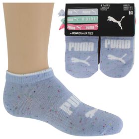 Girls' Socks Girls' PUMA Low-Cut 6-Pair Pack With 3 Hair Ties Side View With Package