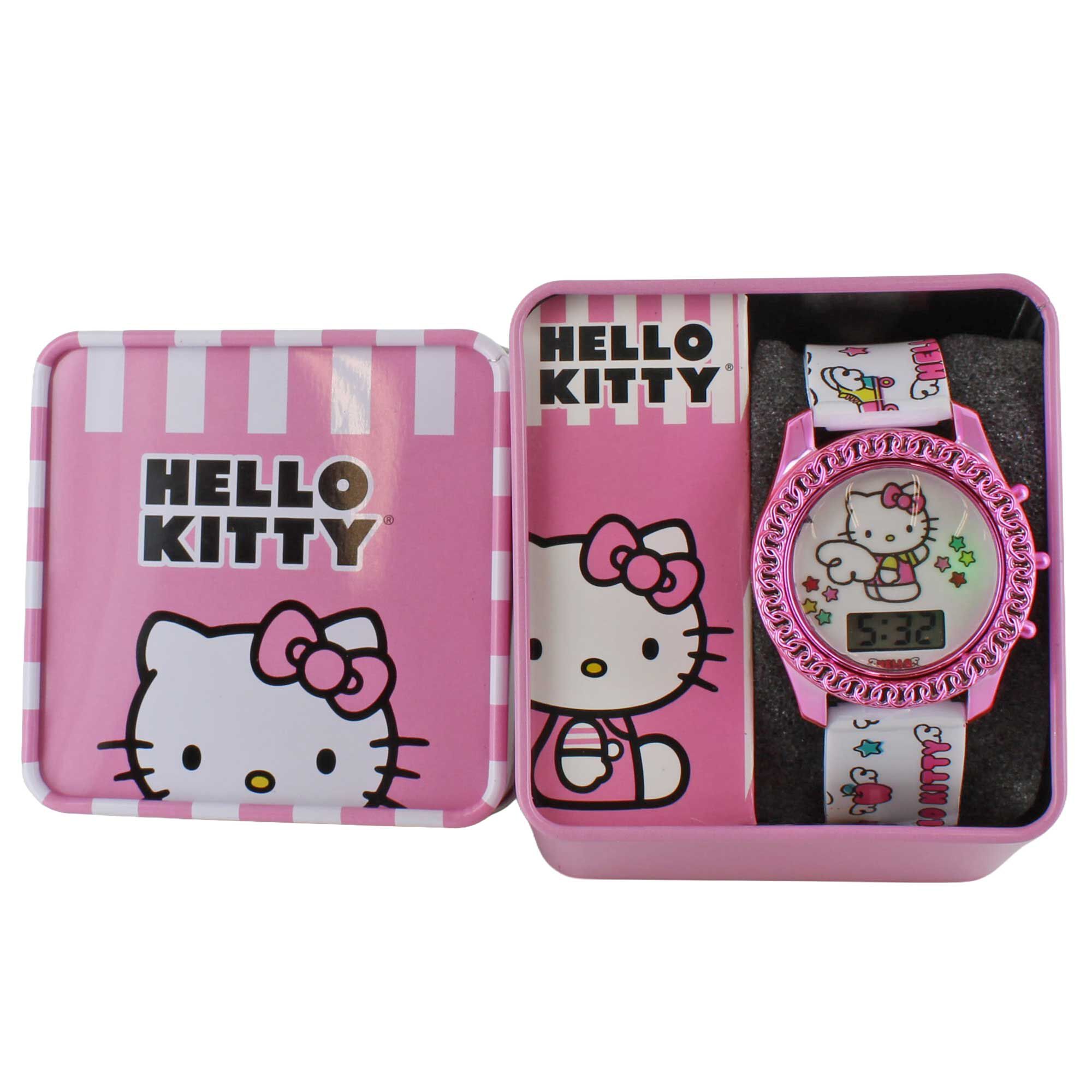 Hello Kitty LED Digital Watch With Flashing Lights Front View WIth Tin