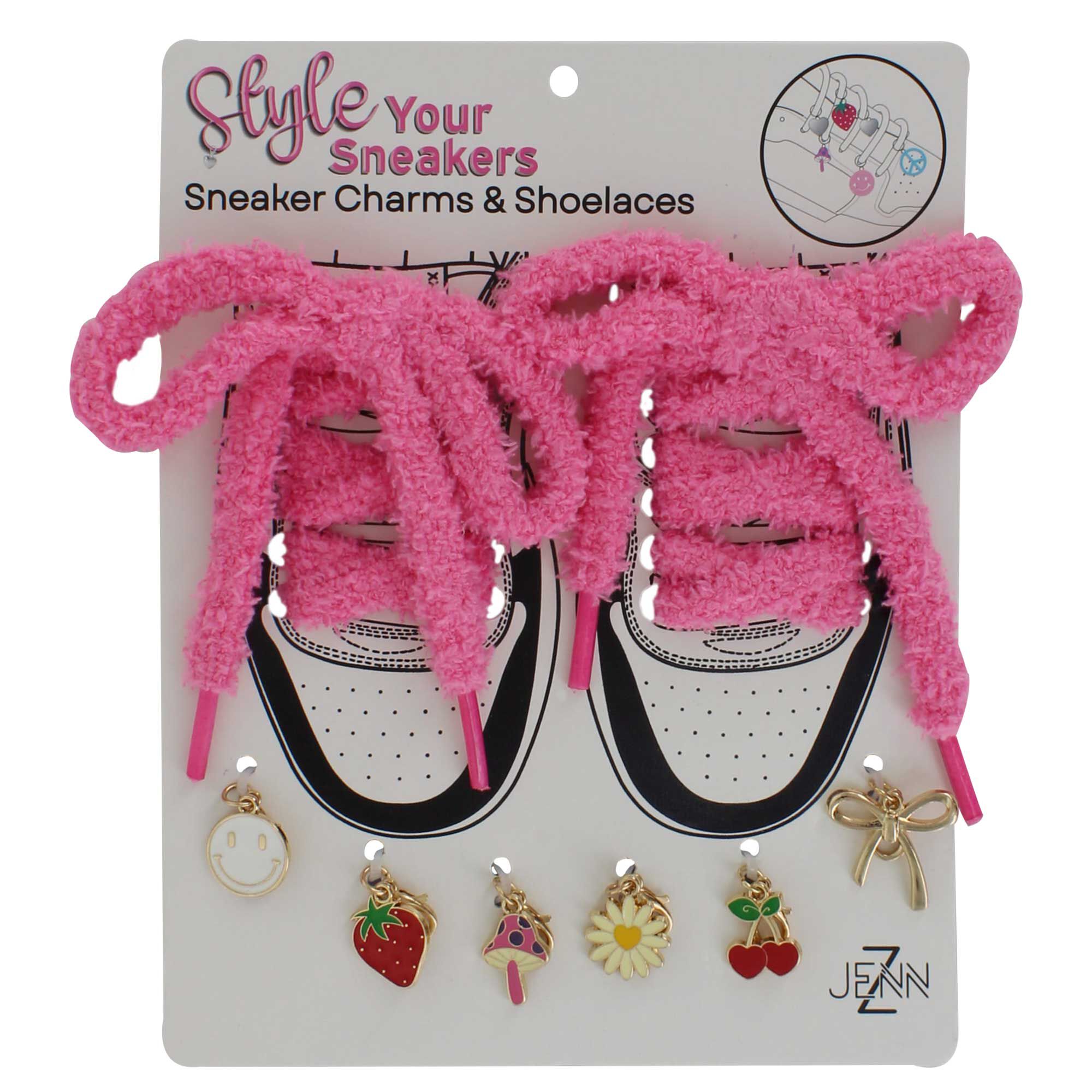 Pink Fuzzy-Themed Sneaker Charms & Shoelaces Front Package View