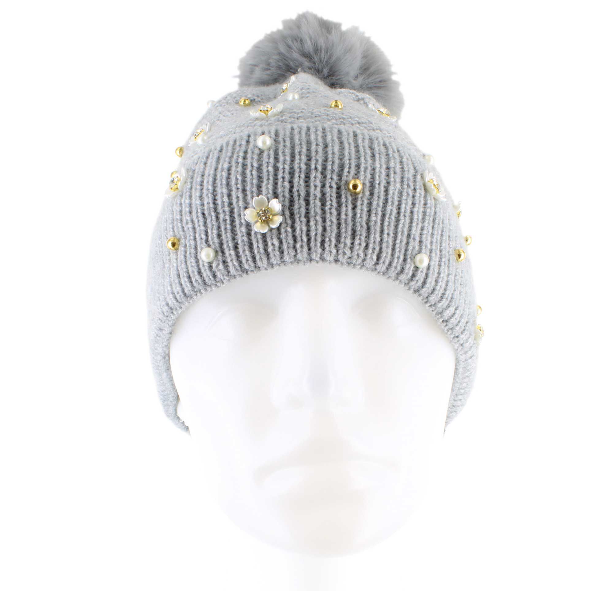 Couture Gems Floral & Faux-Pearl Knit Beanie Front View