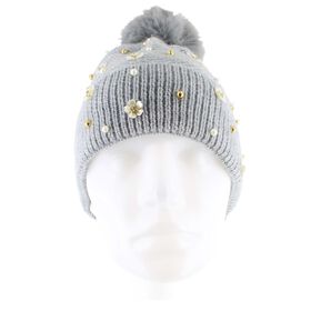 Winter Headwear Couture Gems Floral & Faux-Pearl Knit Beanie Front View