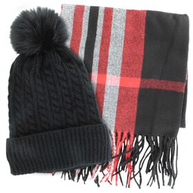 Winter Headwear Couture Gems Oblong Red Plaid Scarf and Hat Set Front Set View