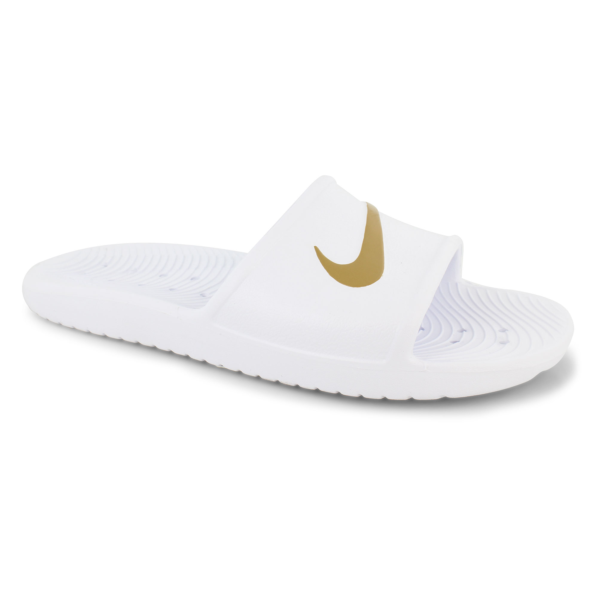 white and gold nike slides