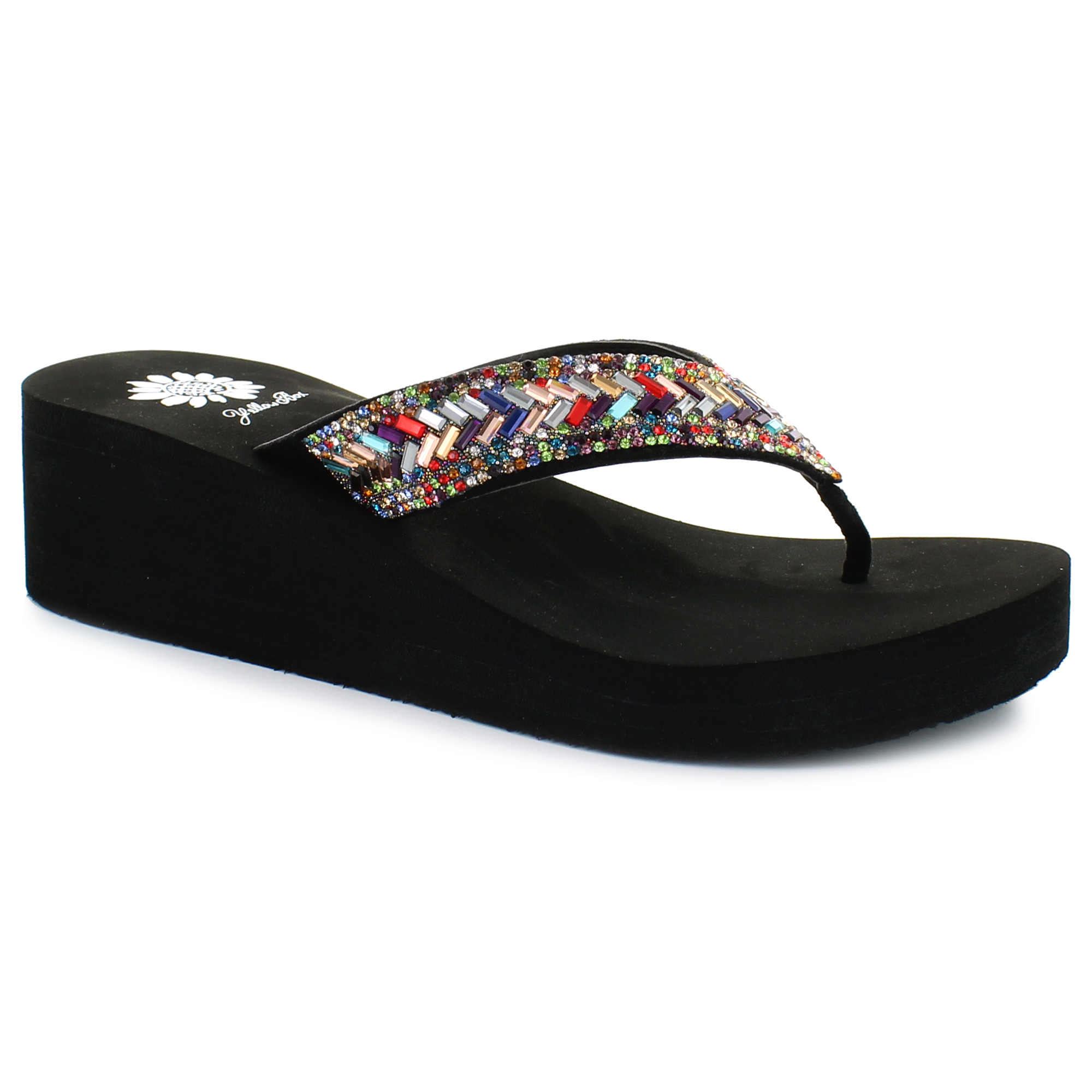 yellow box multi color flip flops